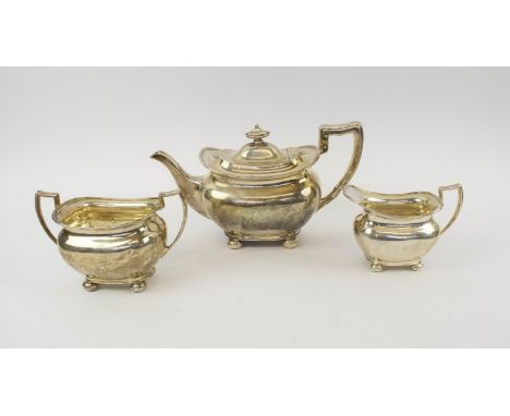 SILVER TEA SERVICE, three piece, comprising teapot, milk jug and twin handled sugar bowl, Sheffield 1919, makers mark for Atk