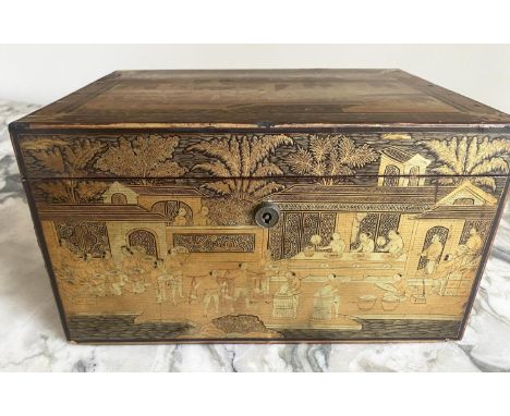 TEA CADDY, 19th century Chinese Export gilt lacquered with rising lid and lead interior, 28cm x 20cm x 16cm H. 