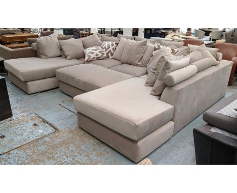 SECTIONAL SOFA AND OTTOMAN, 400cm x 300cm x 105cm, Contemporary velvet upholstered, with scatter cushions. 