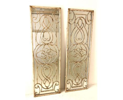 ARCHITECTURAL WALL MIRRORS, a pair, 162cm H x 51cm W, refectory style, aged metal frames, (2) 