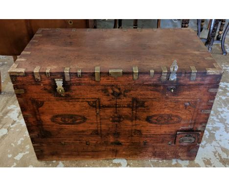 ANGLO INDIAN TRUNK, 50cm x 91cm, 19th century teak with a rising lid and an elaborately fitted interior. 
