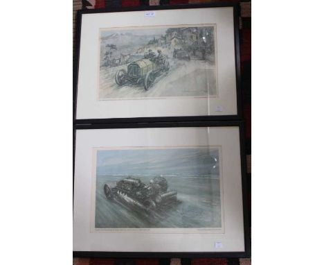 A print of Sir Algernon Guinness Bart achieving 121.6 mph at Saltburn Sands 1908 plus another illustrating Felice Nazzaro win