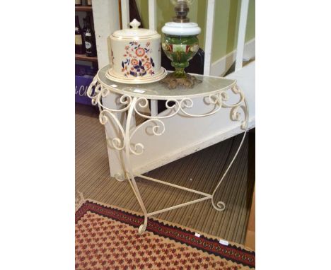 A green painted metal Demilune console table
