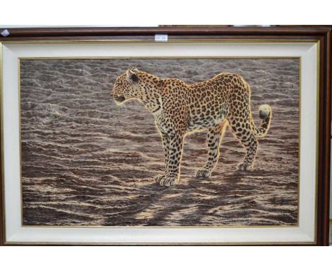 Alan M Hunt a signed limited edition canvas print of a Leopard 54 x 90cm&nbsp; 17/125 in part painted frame
