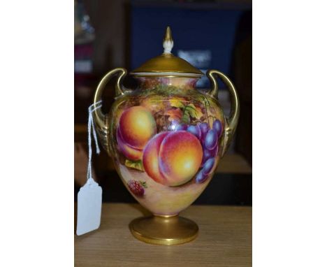 Royal Worcester hand painted vase and cover signed Bowen 17cm high / Condition: finial to lid has been glued, no other obviou
