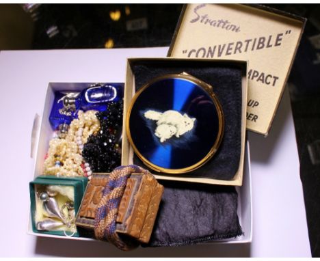 Box of mixed costume jewellery including a powder compact 