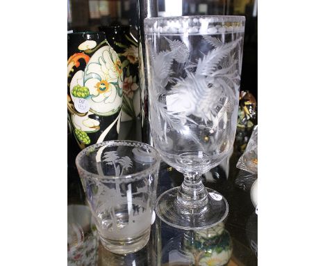 Victorian etched glass foliate decoration celery vase and an etched hunting scene drinking glass