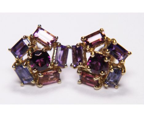 9ct gold sapphire, ruby and amethyst earrings