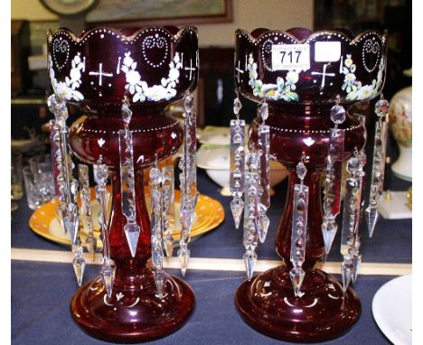 Pair of Victorian hand painted ruby glass table centres with crystal drops and spares