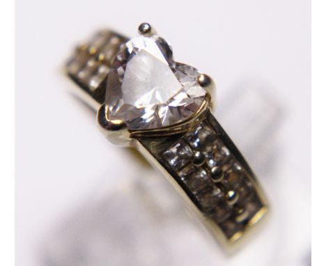 Sterling silver gold plated heart shaped solitare ring with stone set shoulders 