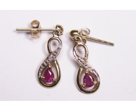 9ct gold ruby and diamond drop earrings