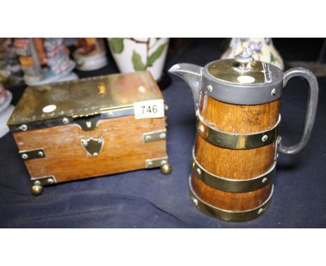 Hand coopered oak lidded tea pot with zinc lining and an oak casket tea caddy with brass lid and fittings
