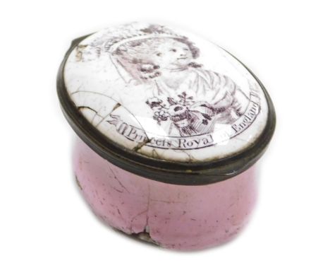 A late 18thC Bilston enamel patch box, of oval form, decorated to the lid with a half length portrait of "Princess Royal of B