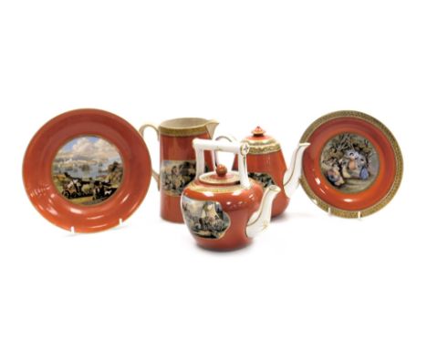 A group of 19thC Prattware pottery, comprising a plate, teapot and milk jug, together with a plate decorated with pastoral sc