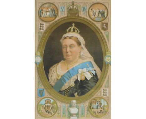 A Queen Victoria Golden Jubilee lithographic print, showing a half portrait of the Queen centrally, and roundels commemoratin