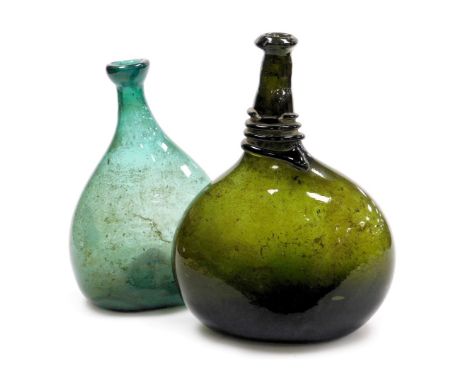 A Persian green glass saddle flask or bottle, possibly late 18thC, with a moulded spiral string to the neck, and snap pontil,