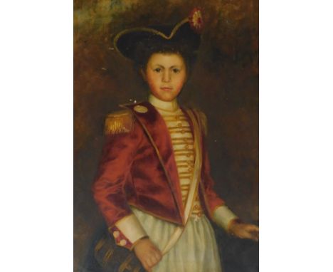 Late 19thC School.  Portrait of a French drummer boy in 18thC uniform, oil on canvas, 76cm x 56cm.