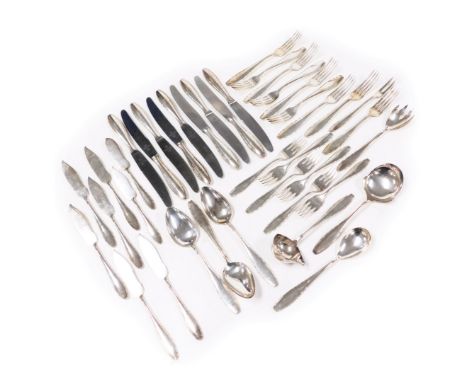 A part suite of WMF silver plated flatware, c1920s, comprising nine table forks and knives, six fish knives and forks, three 