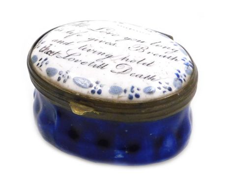 A late 18thC Bilston enamel patch box, of oval form, decorated to the lid with "I'll Love you long as life gives. Breath and 