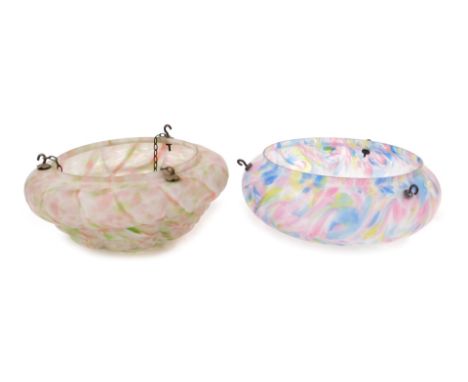 A mid century frosted glass ceiling light, with white and coloured swirl decoration, three chain suspension, 49.5cm wide, and