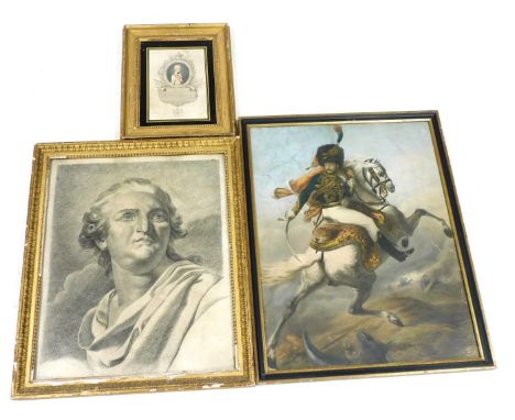 An 18thC engraving of King Louis XVI, gilt framed, 52cm x 42cm, engraving of His Royal Highness The Archduke Charles, Command