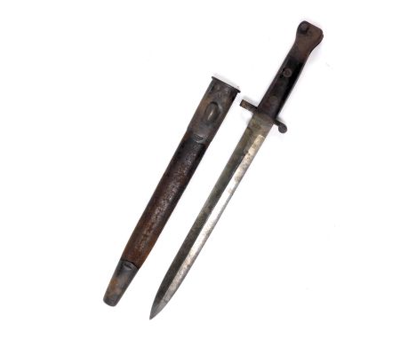 A WWI bayonet, blade stamped William Ford, in a metal scabbard, 42cm long.