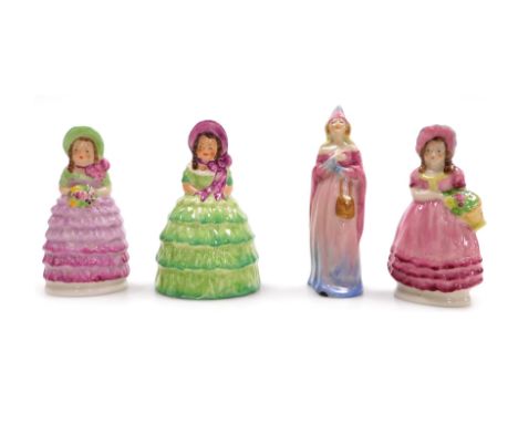 Four small Goss porcelain figures, modelled as Bridesmaid, Mistress Page, Peggy and Bell.