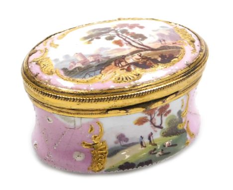 A late 18thC French enamel nutmeg grater, of oval form, decorated with landscape reserves against a pale pink ground, the hin