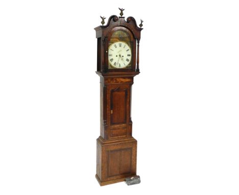 A Georgian mahogany and cross banded longcase clock, the break arch dial painted with a peacock and roses, circular dial bear