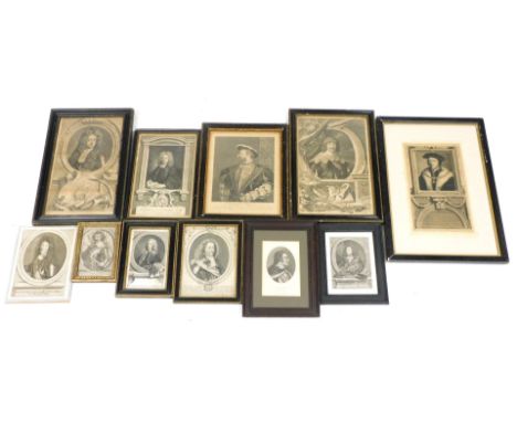 A group of 18thC portrait engravings, including Laurence Echard, King Francios I of France, Marechal de Neufville, Duc de Vil