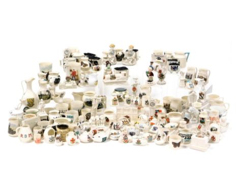 Five trays of Goss and crested china, including figures, clocks, truck of coal, etc.(approx 100)