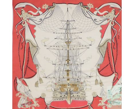 A vintage Thirkell red and cream silk scarf, decorated with a galleon, figureheads and other naval symbols, framed and glazed