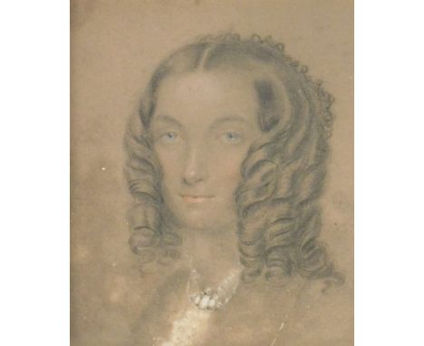 19thC English School.  Portrait of a young lady with ringlets and opal necklace, charcoal on paper, 13cm x 10.5cm.