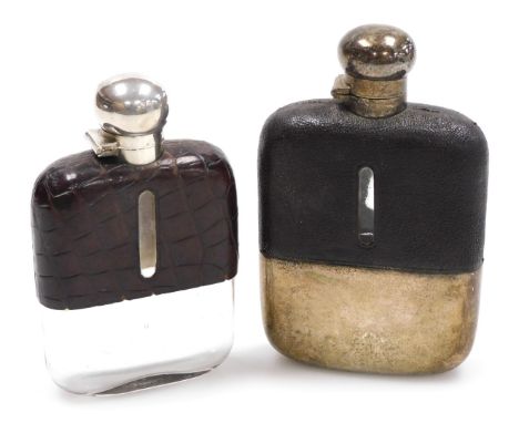 A George V cut glass silver and skin bound hip flask, lacking stopper, James Dixon &amp; Sons Ltd Sheffield 1921, together wi