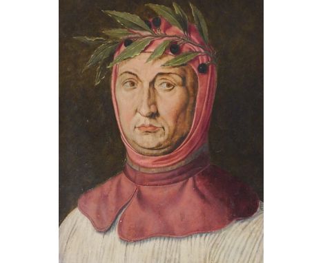 18th/19thC . Portrait of Petrach (Italian scholar and poet), oil on earlier oak panel, 44cm x 36cm.