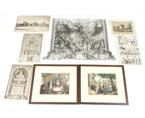 A pair of Victorian aquatints, The Benevolence, and Hospitality, 21.5cm x 27.5cm, together with engravings, a page from Capta