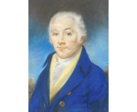 Early 19thC English School.  Head and shoulders portrait of a gentleman, in blue coat with lace collar, oil and pastel, 60cm 