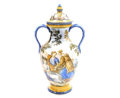 A Castelli maiolica Renaissance Revival istoriato vase,  probably mid 19thC, of twin handled baluster form, with a cover, the