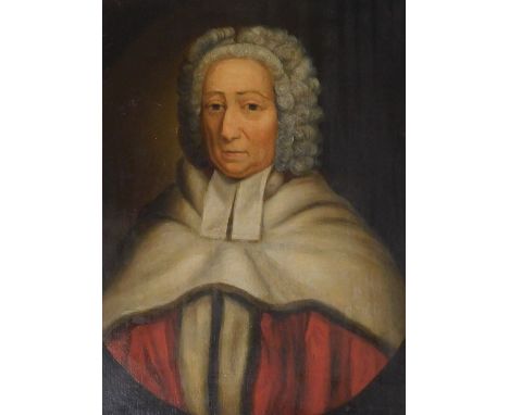 19thC English School. Head and shoulders portrait of a gentleman in red and ermin trimmed robes, oil on panel, 38cm x 29cm.