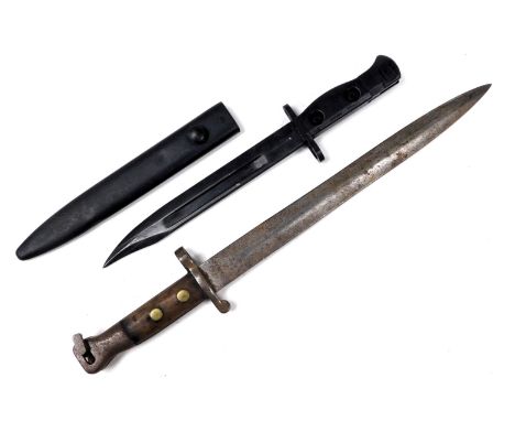 An SLR L1A3 bayonet and scabbard, serial no. 9600257, 30cm long, and a P-1888 mark I bayonet.