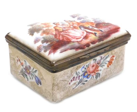 A late 18thC French enamel snuff box, of rectangular form, painted to the lid with a courting couple in a garden, the box wit