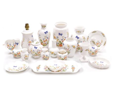 A group of Aynsley Cottage Garden pattern porcelain, including vases, dressing table and trinket dishes, a table lamp and a r