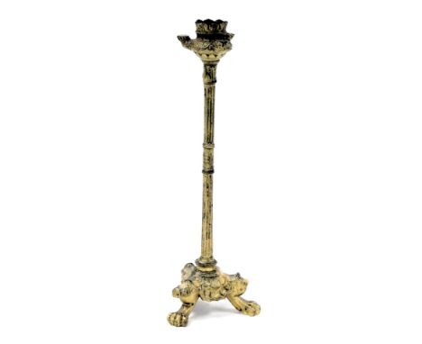 A 19thC Continental ormolu candlestick, of classical form, with a Roman style burner above a foliate banded, fluted column, r