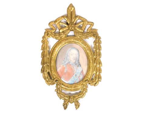 Continental School (18thC).  Half length portrait of a gentleman, gouache, brass framed, 6.5cm x 5cm.