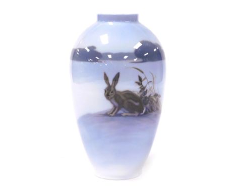 A Royal Copenhagen porcelain vase, of shouldered ovoid form, decorated with a hare in a Winter landscape, no. 2319/47D, print