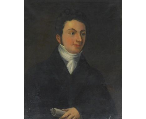 19thC English School.  Head and shoulders portrait of a gentleman holding a paper scroll, oil on canvas, 76cm x 62cm.