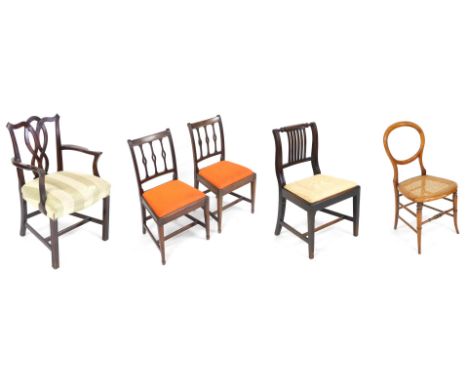 A Chippendale style mahogany carver chair, Victorian beech and cane balloon back bedroom chair, Regency mahogany and ebonised