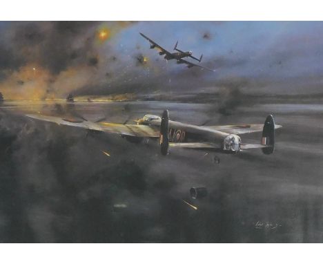 After Robert Taylor (British, b.1946).  The Dambusters, coloured print, signed by Marshal of The Royal Air Force Arthur T Har