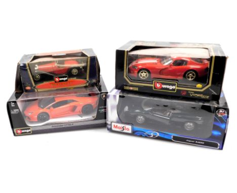 Three Burago diecast motor cars, comprising a Bugatti Type 55 1932, scale 1:24, a Lamborghini Aventador LP700-4, scale 1:18, 