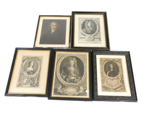 Five 18thC portrait engravings, comprising Joseph Roettiers, John Hampton, Princess Amalia of Orange, Sir Samuel Barnardiston
